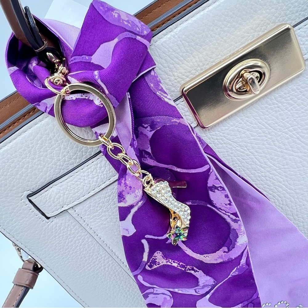 Coach Purple Signature Bag Scarf + Unbranded Crystal High Heel Bag Charm Set NEW - Picture 3 of 16